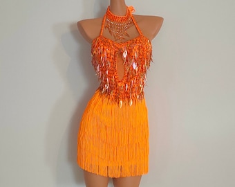 ORANGE Beads Fringe Dress-samba Costumes Carnival Show Girl Las