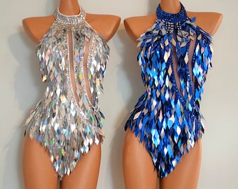 SILVER Crystal Sequin Beads Leotard-Samba Costumes Carnival Show Girl Las Vegas Notting Hill Pride Gay Parade festival School Brazil-Sil