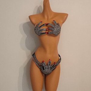 BLACK Crystal &quot;Hands Off&quot; BIKINI Outfit-Sci Fi-Costumes Carnival-Mardi Gras-Show Girl Vegas-Lady GaGa-Burning Man Brazilian Carnaval-KS-Bl