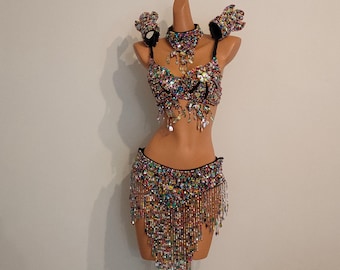 MULTI COLOR Beads Skirt+Top-Samba Costumes Carnival Show Girl-Vegas-Cabaret-Burning Man-Pride Parade-Mardi Gras-Brazil-Carneval-BM-Bead1-mc