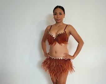 Conjunto de bikini con plumas marrones: disfraz de samba, atuendo de carnaval (talla S/M)