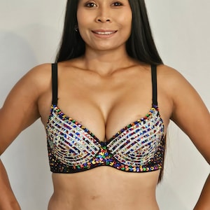 RAINBOW color Stone-Sequin Bra -Samba Costumes Carnival Show Girl-Rave-Las Vegas-Cabaret-Burning Man-Pride Parade-Brasil-Lady GaGa- KS-Bra