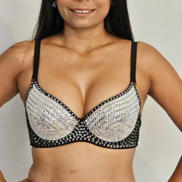 Soutien-gorge argenté à sequins pierre - Costumes de samba Carnaval Girl-Rave-Las Vegas-Cabaret-Burning Man-Pride Parade-Brésil-Lady GaGa-KS-MIR-Bra1