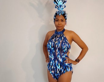 BLUE/Silver Crystal Sequin Beads Leotard-Samba Costumes Carnival Show Girl Las Vegas Notting Hill Pride Parade festival School Brazil-Blue