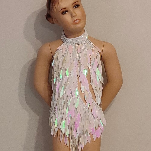 KIDS Size !! New Model ! WHITE color Crystal Sequin Beads Leotard-Samba Costumes Carnival Show Girl shops Las Vegas festival School Ball