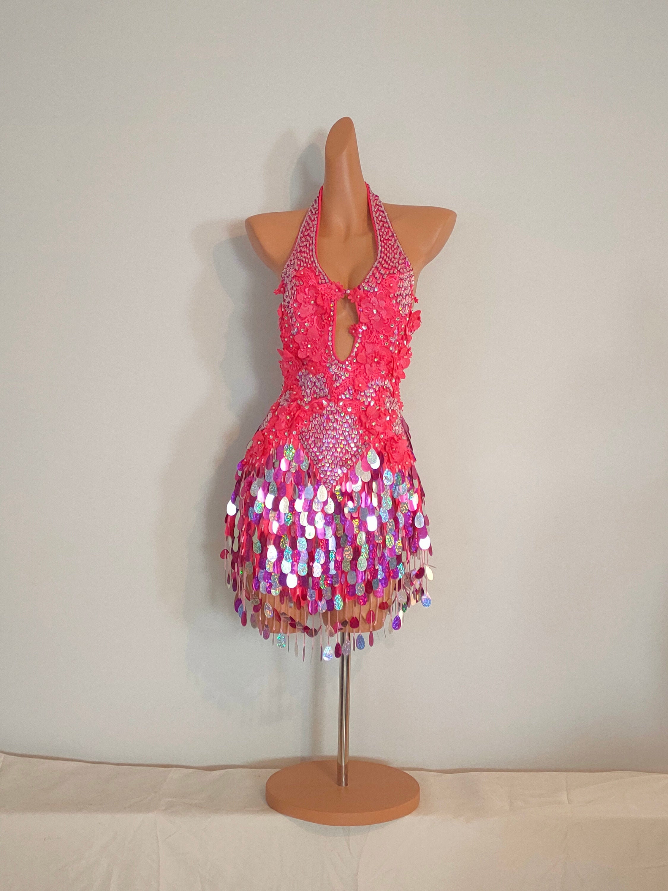 HOT PINK Sequin Beads Dress- Samba Costumes Carnival Show Girl Las