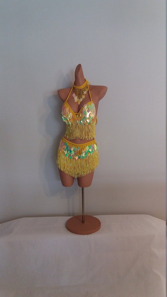 Yellow & Gold Sequin Cabaret Dance Costume Bra with Beading