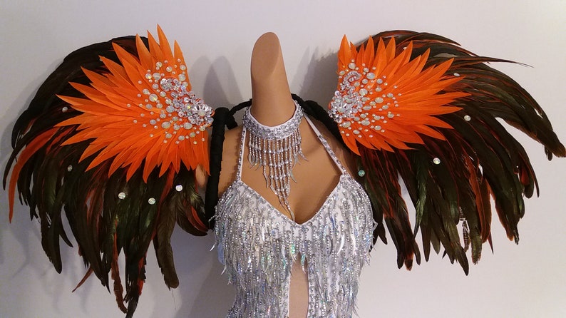 ORANGE Feather WingsBackpack-Samba Costumes Carnival-Mardi Gras-Show Girl Vegas Notting Hill Pride Parade Brazilian Carnaval-BM-RFW1-Or