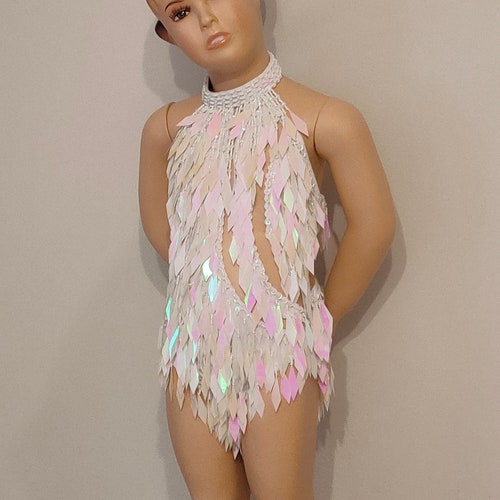 KIDS Size !! New Model ! WHITE color Crystal Sequin Beads Leotard-Samba Costumes Carnival Show Girl shops Las Vegas festival School Ball