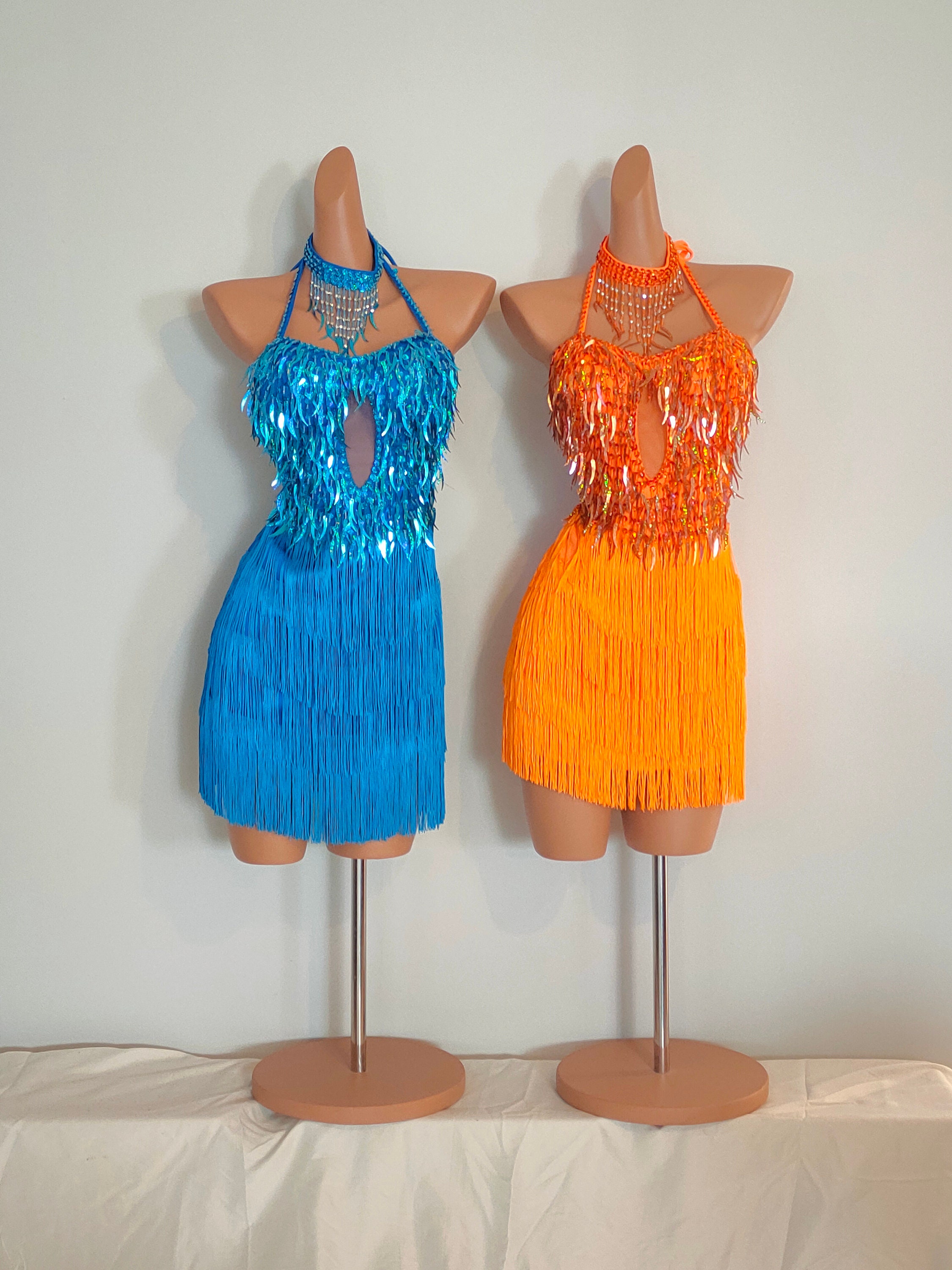 Orange Sequin Fringe Dress: Handmade Samba Carnival Costume, Choker Included Orange Sequin Fringe Dress: Handmade Samba Carnival Costume, Choker Included