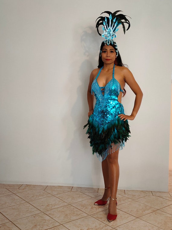 Vestido de plumas de lentejuelas TURQUESA Disfraces de samba Carnival Show  Girl Las Vegas Notting Hill Pride Parade festival School ball Brasil  SkyS-D1-T -  México