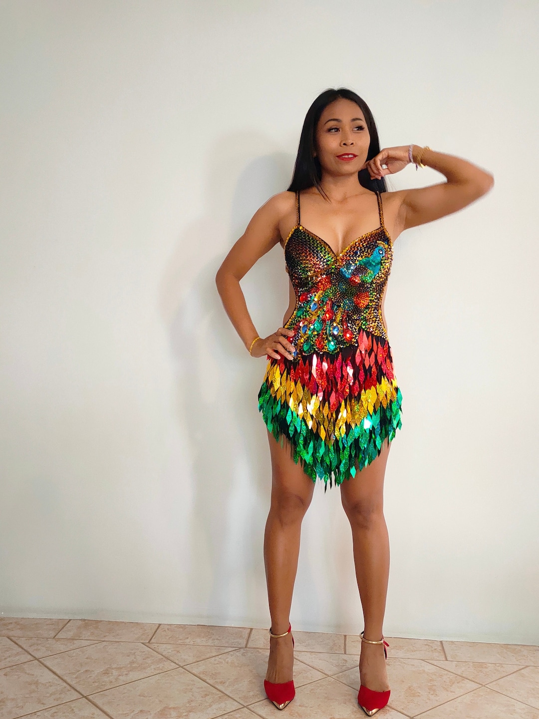 REGENBOOG Pailletten Kralen Jurk-maat 8+10+12 Sambakostuums