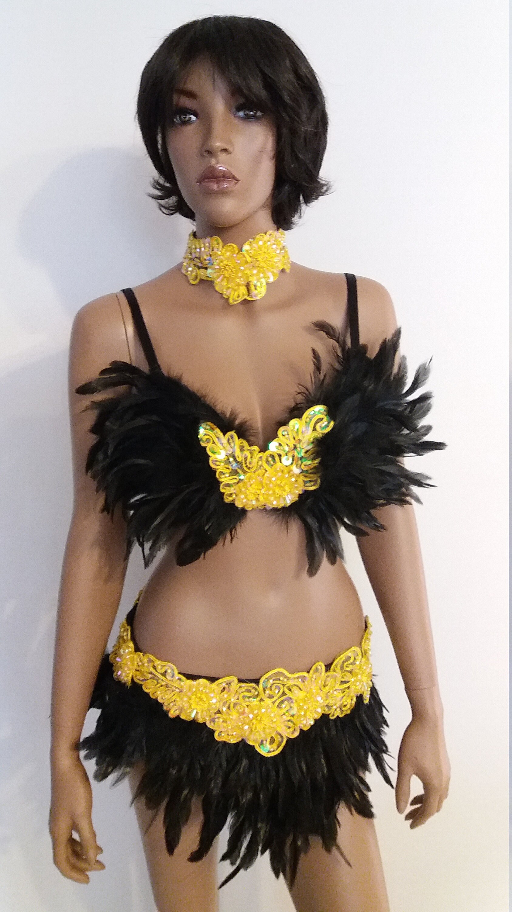 Black and Gold Feather Bra and Skirt Set