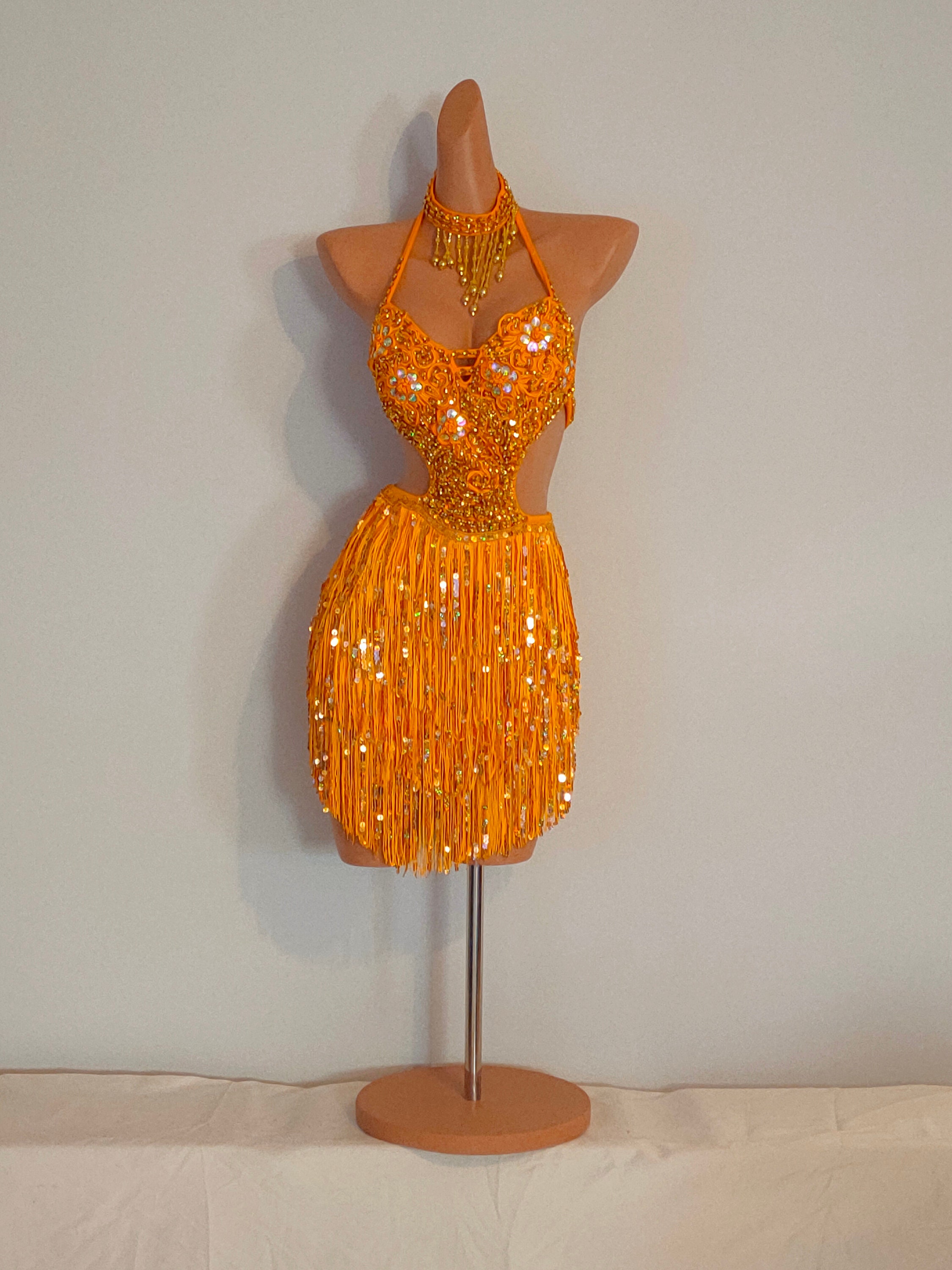gold fringe dress Beaded With High Slit 48521 Bands of swingy Fringe Trim Metallic Bandage Dress