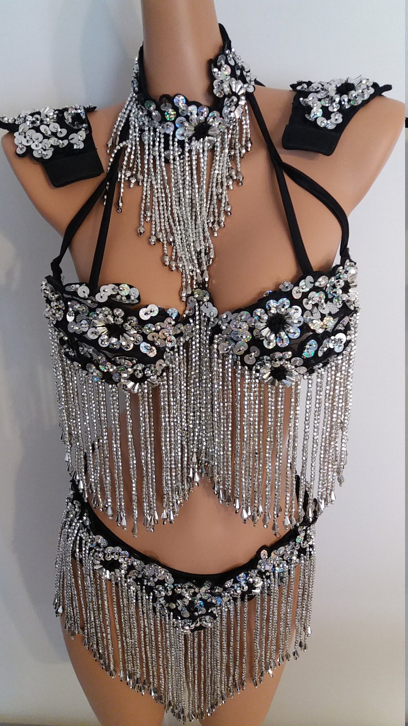 BLACK Sequin BIKINI-5 Piece Set Beads-Samba Costumes Carnival Show Girl Las Vegas-Cabaret-Burning Man-Pride Parade-Brazil-Carneval-BM-BB1