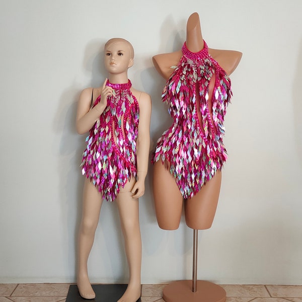 Talla NIÑO!! Nuevo modelo ! Leotardo con cuentas de lentejuelas de cristal de color rosa, disfraces de Samba, espectáculo de carnaval, chica, festival de Las Vegas, baile escolar