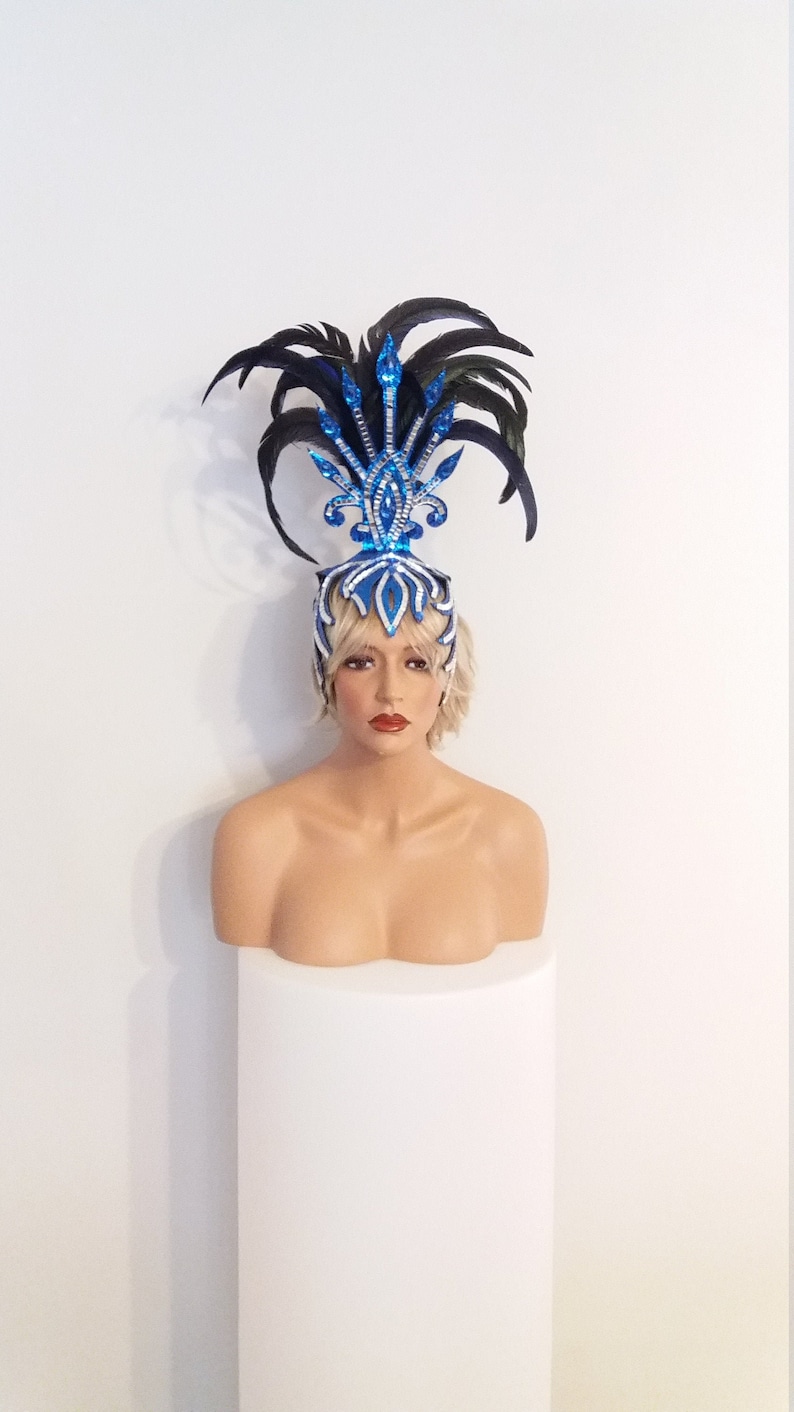 BLUE MirrorFeather Headpiece-Headdress-Samba Costumes Carnival-Mardi Gras-Show Girl-Rio Las Vegas Rave Gay Brazilian Carnaval-KS-HD1-Bl