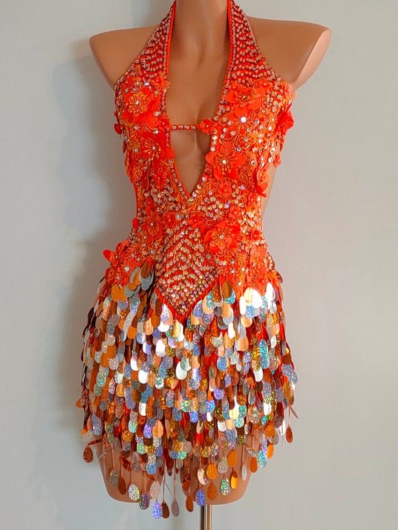 Orange Sequin Beads Crochet Dress-Samba Carnival Showgirl Costume Orange Sequin Beads Crochet Dress-Samba Carnival Showgirl Costume
