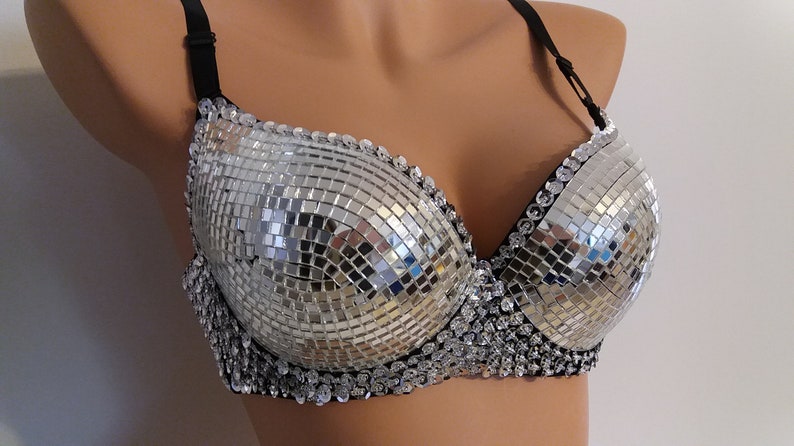 Soutien-gorge miroir argenté, costumes de samba, spectacle de carnaval, fille de rave, Las Vegas, cabaret, Burning Man, parade de la fierté, Brésil, Lady GaGa, KS-MIR-Bra1 image 2