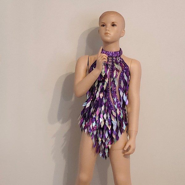KIDS Size !! New Model ! PURPLE color Crystal Sequin Beads Leotard-Samba Costumes Carnival Show Girl Las Vegas festival School Ball
