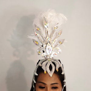 WHITE Mirror/Feather Headpiece-Headdress-Samba Costumes Carnival-Mardi Gras-Show Girl-Rio- Las Vegas Rave Gay Brazilian Carnaval-KS-HD1-Wh