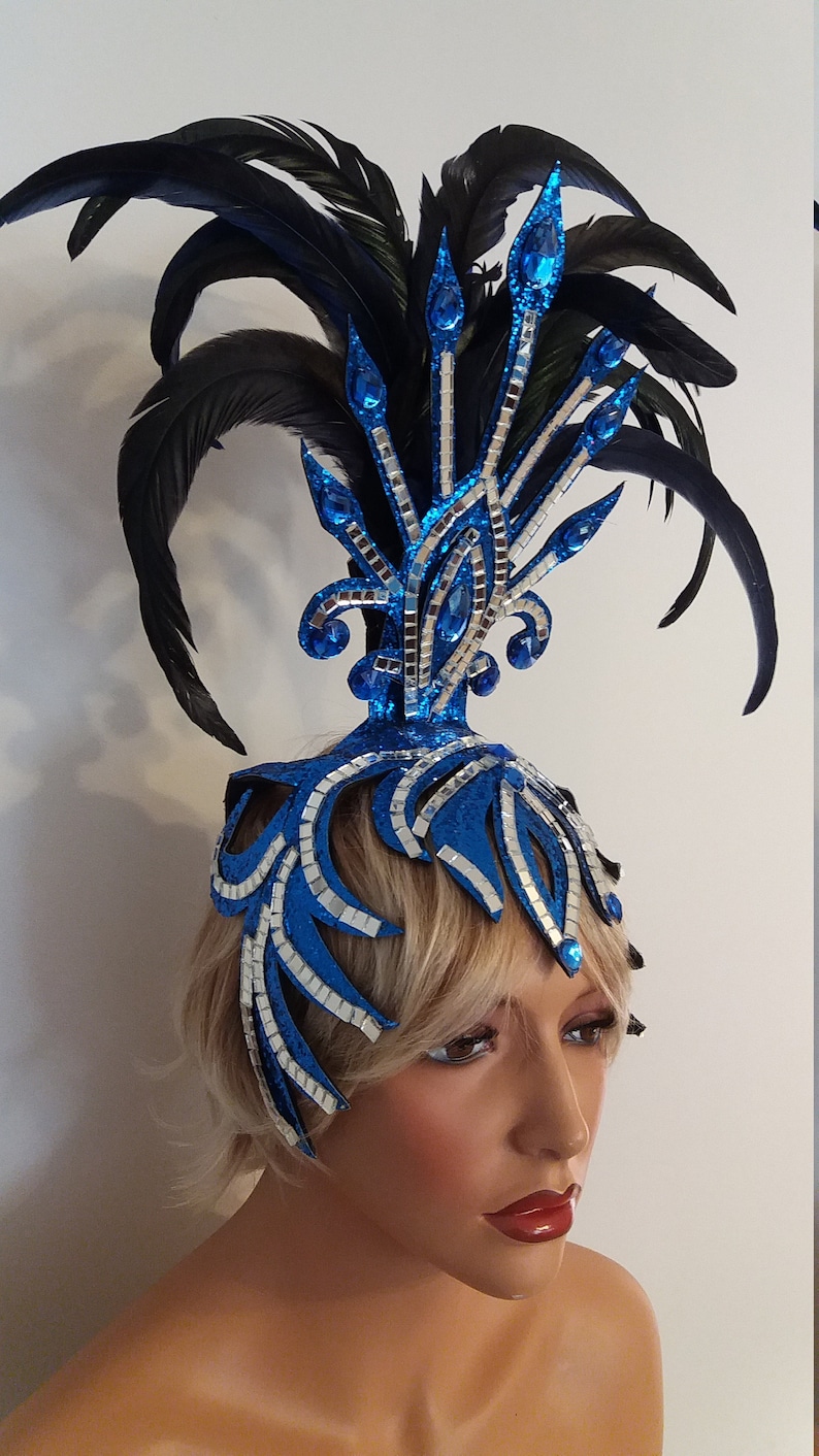 BLUE MirrorFeather Headpiece-Headdress-Samba Costumes Carnival-Mardi Gras-Show Girl-Rio Las Vegas Rave Gay Brazilian Carnaval-KS-HD1-Bl