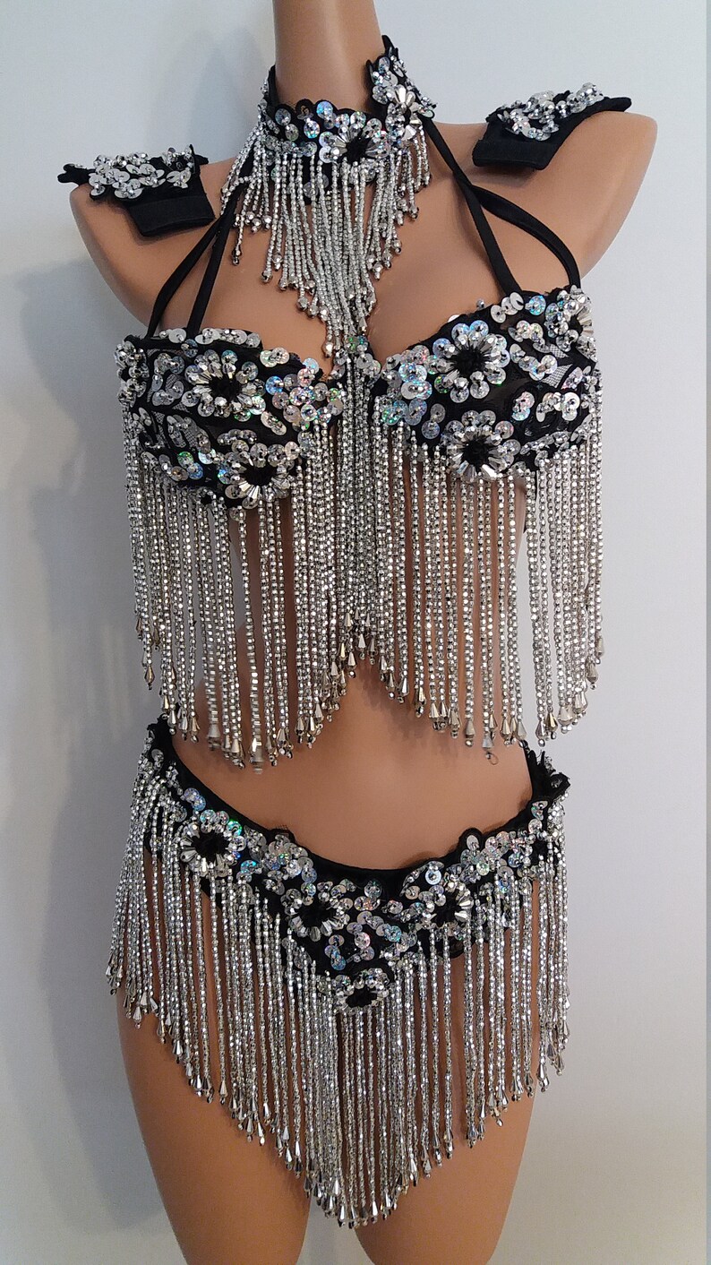 BLACK Sequin BIKINI-5 Piece Set Beads-Samba Costumes Carnival Show Girl Las Vegas-Cabaret-Burning Man-Pride Parade-Brazil-Carneval-BM-BB1