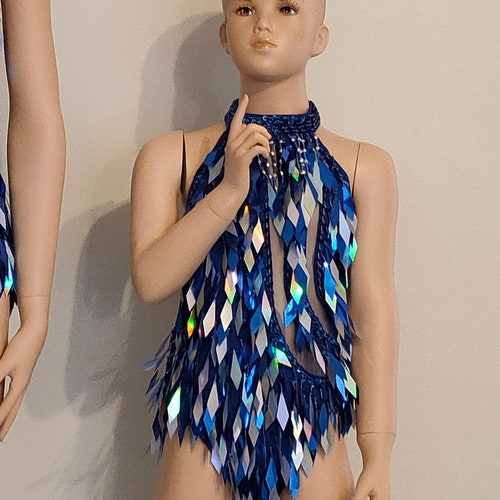 KIDS shops Size !! New Model ! ROYAL BLUE color Crystal Sequin Beads Leotard-Samba Costumes Carnival Show Girl Las Vegas festival School Ball