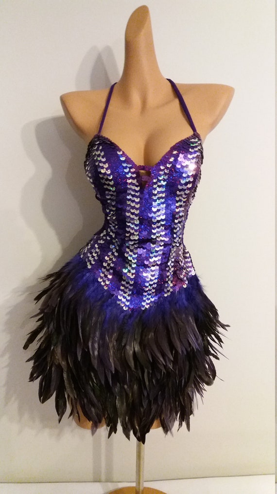purple sequin feather dress Juliet 292 Long Feather Neckline Off the Shoulder High Slit Prom Gown Royal Blue / S