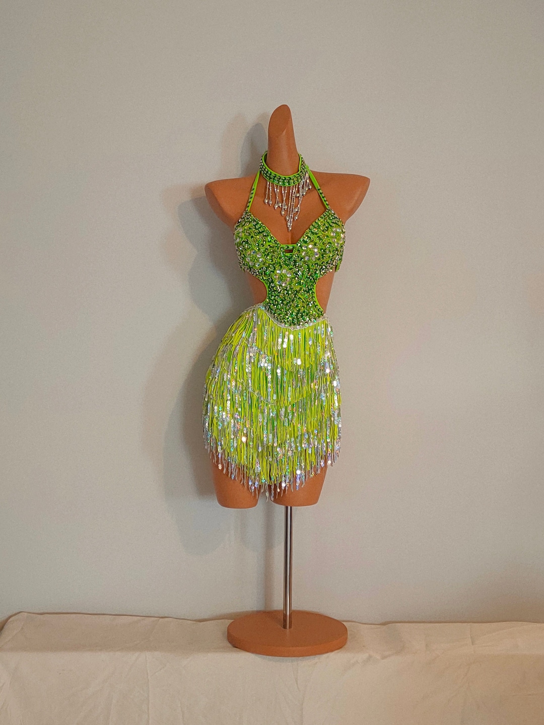 LIME GREEN Sequin Fringe Dresssamba Costumes Carnival Show Girl Las