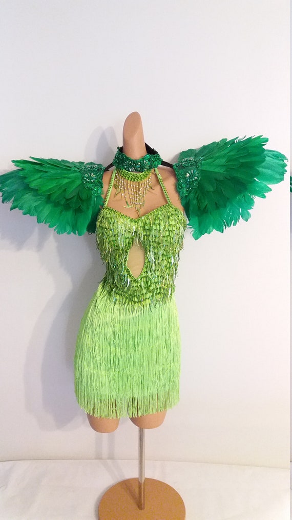 Green Feather Samba Burlesque Dance Leotard