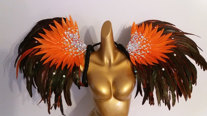 ORANGE Feather WingsBackpack-Samba Costumes Carnival-Mardi Gras-Show Girl Vegas Notting Hill Pride Parade Brazilian Carnaval-BM-RFW1-Or