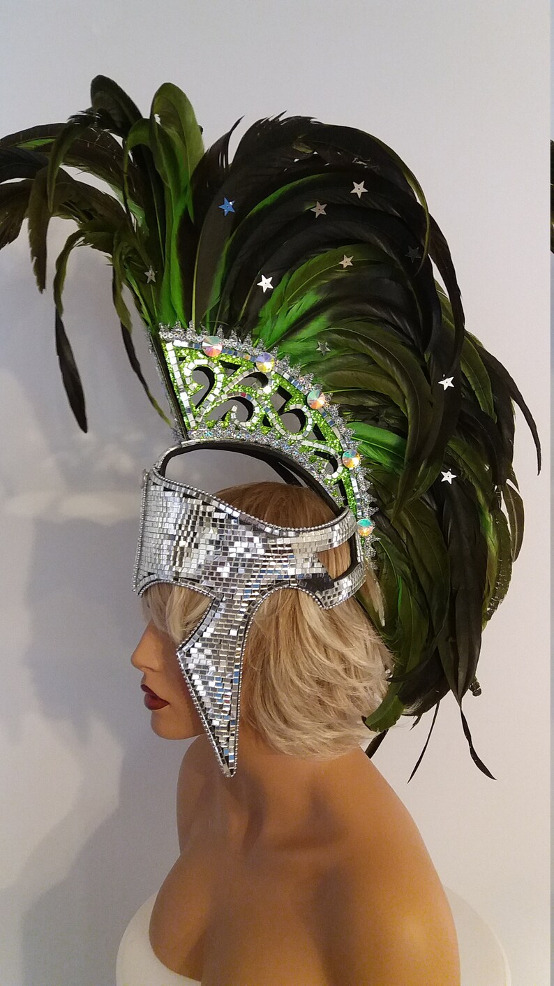 Lime GREEN Mohawk Feather Headpiece-Samba Costumes Spartan-Gladiator-Carnival-Mardi Gras-Show Girl-Cabaret-Vegas Rave Drag Brazilian-KS-MD