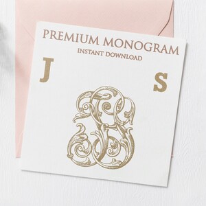 May include: A digital download of a monogram design featuring the letters "J" and "S" in a decorative, ornate font. The letters are intertwined with a floral design. The text "PREMIUM MONOGRAM INSTANT DOWNLOAD" is also included.
