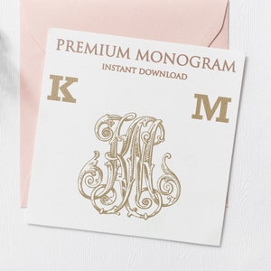 May include: A white card with the text "PREMIUM MONOGRAM INSTANT DOWNLOAD" and the letters "K" and "M" in gold. A gold monogram with the letters "K" and "M" intertwined.
