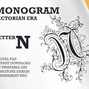 Monograma de la era victoriana - una sola letra N, Vintage una letra monograma, arte de pared imprimible, PNG transparente, archivo de corte SVG, PDF listo para imprimir