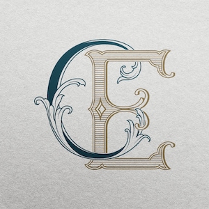 May include: A stylized monogram of the letters "C" and "E" in a decorative font. The "C" is in a dark blue color and the "E" is in a light brown color. Both letters are surrounded by ornate flourishes.
