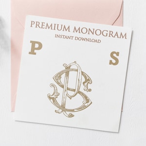 May include: A white card with the text "PREMIUM MONOGRAM INSTANT DOWNLOAD" and the letters "P" and "S" in gold. A gold monogram with the letters "P" and "S" is in the center of the card.