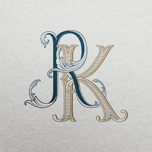 May include: A decorative monogram featuring the letters "R" and "K" intertwined. The "R" is in a dark blue colour with intricate flourishes, while the "K" is in a gold colour with a striped pattern.