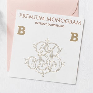 Op de afbeelding: Een witte kaart met de tekst "PREMIUM MONOGRAM INSTANT DOWNLOAD" en de letter "B" in goud aan beide kanten. Een gouden, sierlijk, verweven monogram van de letter "B" bevindt zich in het midden van de kaart.