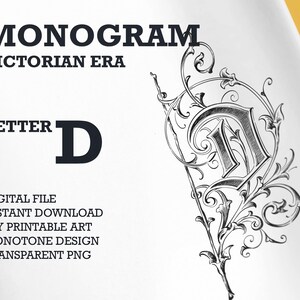 Monograma de la era victoriana - una sola letra D, Monograma de una letra vintage, arte de pared imprimible, PNG transparente, archivo de corte SVG, PDF listo para imprimir