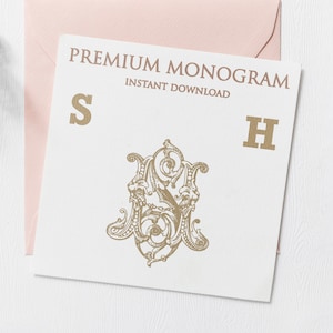 May include: A white card with the text "PREMIUM MONOGRAM INSTANT DOWNLOAD" in gold lettering. The letters "S" and "H" are also in gold lettering. A gold monogram design with the letters "S" and "H" is in the center of the card.