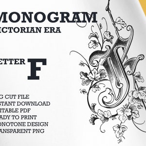 Monograma de la era victoriana - una sola letra F, Vintage una letra monograma, arte de pared imprimible, PNG transparente, archivo de corte SVG, PDF listo para imprimir