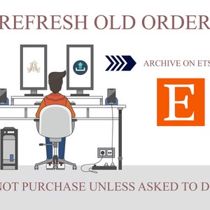 May include: Illustration of a person sitting at a computer with two monitors. The person is refreshing an old order on Etsy. The text "REFRESH OLD ORDER" is at the top of the image. The text "ARCHIVE ON ETSY" is on the right side of the image. The Etsy logo is also on the right side of the image. The text "DO NOT PURCHASE UNLESS ASKED TO DO SO" is at the bottom of the image.