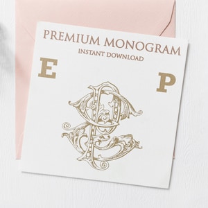 May include: A white card with the text "PREMIUM MONOGRAM INSTANT DOWNLOAD" and the letters "E" and "P" in gold. A gold monogram design with the letters "E" and "P" intertwined is in the center of the card.