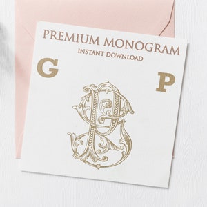 Puede incluir: Una tarjeta blanca con el texto "PREMIUM MONOGRAM INSTANT DOWNLOAD" y las letras "G" y "P" en dorado. Las letras están en una fuente decorativa y están entrelazadas.