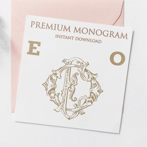 May include: A white card with the text "PREMIUM MONOGRAM INSTANT DOWNLOAD" and the letters "E" and "O" in gold. A gold monogram design with the letters "EO" is in the center of the card.