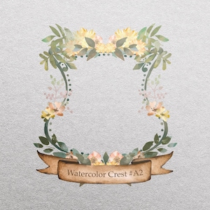 Aquarelembleem #A2 | Rustiek wapen met bloemen, gebladerte, schild en banier