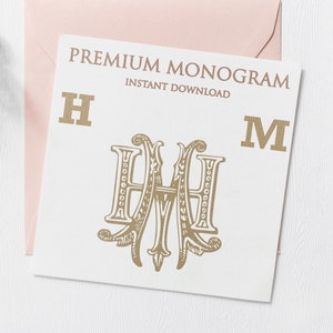 May include: A white card with the text "PREMIUM MONOGRAM INSTANT DOWNLOAD" in gold lettering. The letters "H" and "M" are in gold and a stylized monogram of the letters "H" and "M" is in gold.