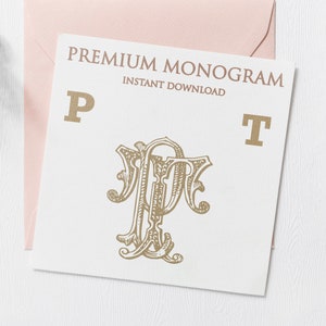 May include: A white card with the text "PREMIUM MONOGRAM INSTANT DOWNLOAD" and the letters "P" and "T" in gold. A gold monogram of the letters "PT" is in the center of the card.
